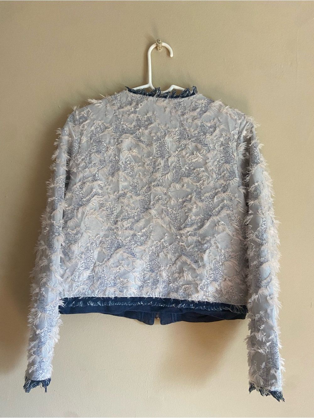 Samuel Dong White Lacy Fringed Jacket with Navy Denim Trim - Picture 2 of 3